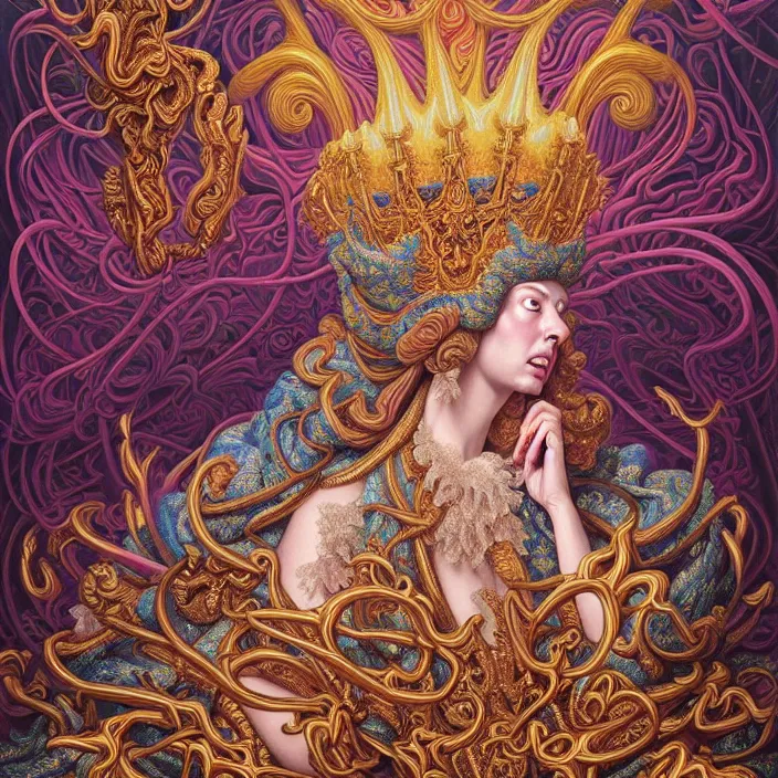 Image similar to beautiful oil painting, full length portrait of dauphinois in baroque coronation robes 1701, Dan Mumford, Dan Mumford, Alex grey, hyacinthe rigaurd, highly detailed , lsd visuals, dmt fractal patterns, hallucinogen, visionary art, psychedelic art, ornate, vaporwave, baroque, Greg rutkowski