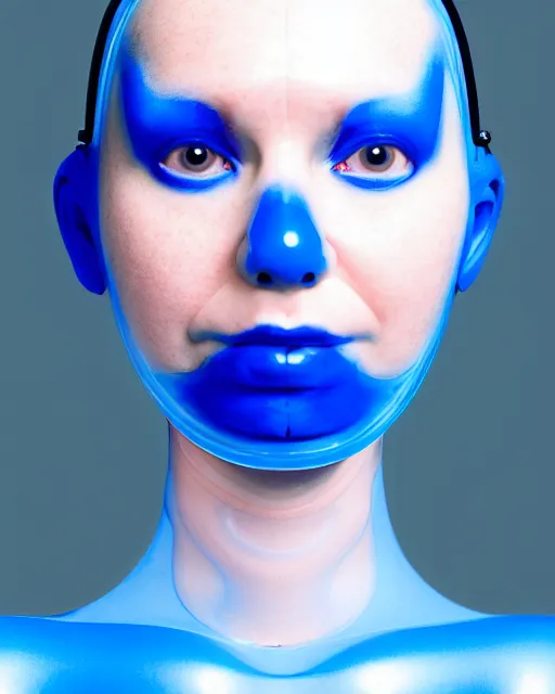 Prompt: symmetrical close - up portrait of a woman wearing a translucent silicone beauty mask and blue hair buns, wearing a black bodysuit by alexander mcqueen, blue background, soft diffused light, biotechnology, humanoide robot, bjork aesthetic, translucent, by rineke dijkstra, intricate details, highly detailed, masterpiece,