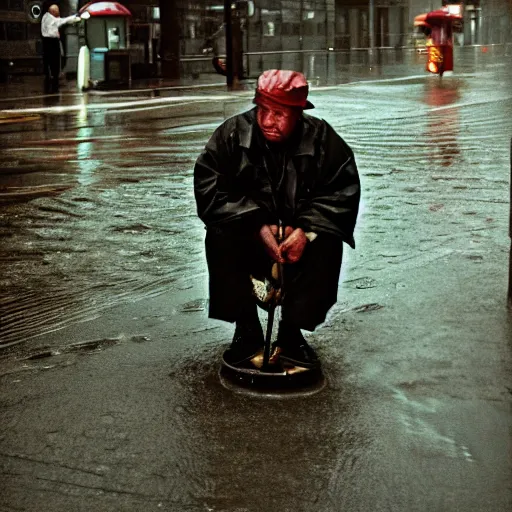 Image similar to closeup portrait of a man fishing in a rainy new york street, photography, natural light, Steve McCurry