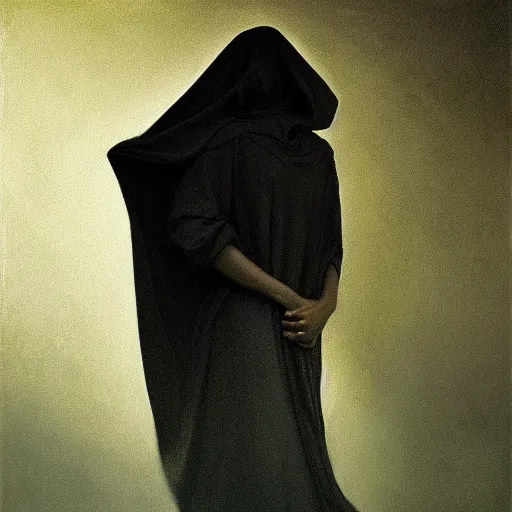 Image similar to a portrait of a young black woman wearing a long dark cloak, hood and shadows covering face, anatomically correct, beautiful perfect face, enigmatic, oil painting, matte painting, black background, Volumetric Golden dappled dynamic lighting, Highly Detailed, Cinematic Lighting, Unreal Engine, 8k, HD, by Beksinski