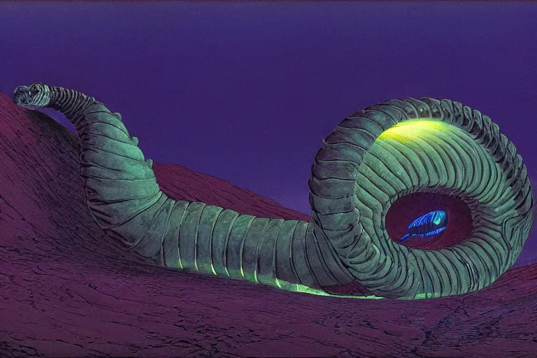 Prompt: angry, screaming nautilus sandworm, made of neon light volumetric lighting, by caspar david friedrich and wayne barlowe and ted nasmith