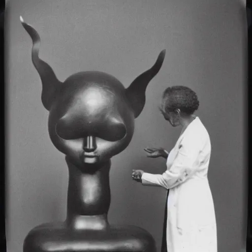Image similar to jamel shabazz polaroid of a woman inspecting a sculpture by leonora carrington