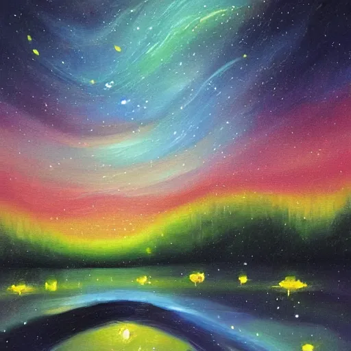 Image similar to Fireflies that blend with the starry sky, oil painting