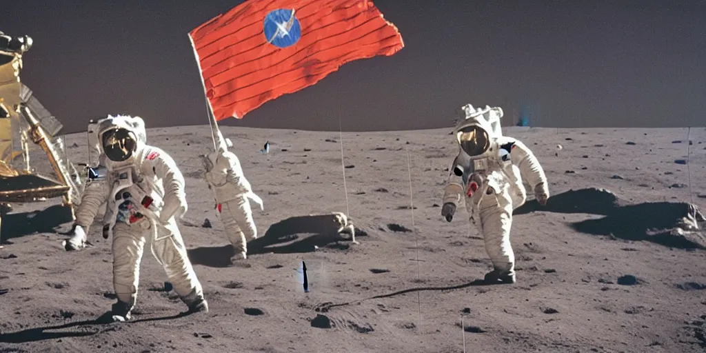 Image similar to colour photograph of the moon landing, astronauts with urss flag, spaceship, high resolution, very detailed