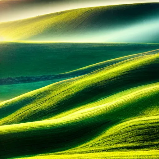 Prompt: https : / / s. mj. run / ixdectgsxzc rolling green hills at dawn. light and shadow. volumetric lighting. award winning photograph