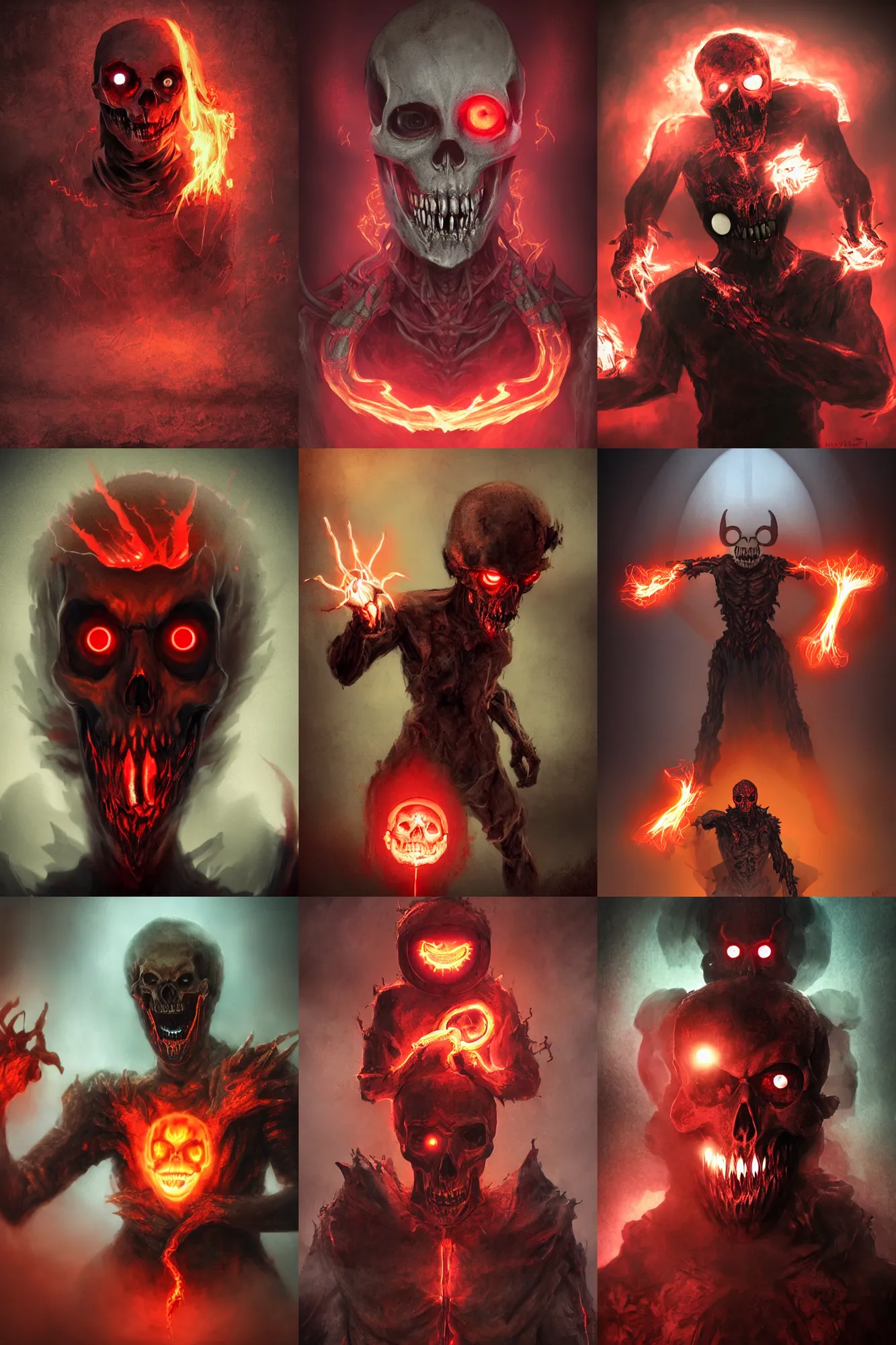 Prompt: character portrait of a humanoid demonic monster with glowing fire eyes and a skull face with a glowing mouth doing a henshin pose, matte painting, dramatic lighting, digital painting, concept art, muted colors, red colors, mist floats in the air, moody colors, rusted walls, broken pipes, church cathedral, in the style of frank frazetta