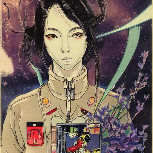 Prompt: portrait of female demon naraka astronaut painted in miyazaki color style drawn by katsuhiro otomo and takato yamamoto, high detail, intricate linework, sharp, smooth face, china doll face, high detail, manga and anime