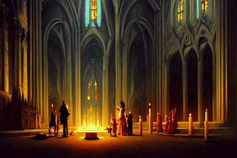 Prompt: baroque oil painting of anime key visual environment concept art of satanic ritual in cathedral, brutalist, dark fantasy, rule of thirds, digital cel shading, fake hidden detail, trending on pixiv fanbox, acrylic palette knife and brush, style of makoto shinkai studio ghibli jamie wyeth james gilleard greg rutkowski