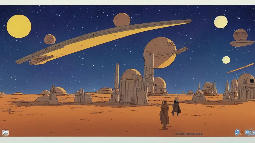 Image similar to tatooine landscape Star Wars a new hope 1977 studio ghibli highly detailed 70mm