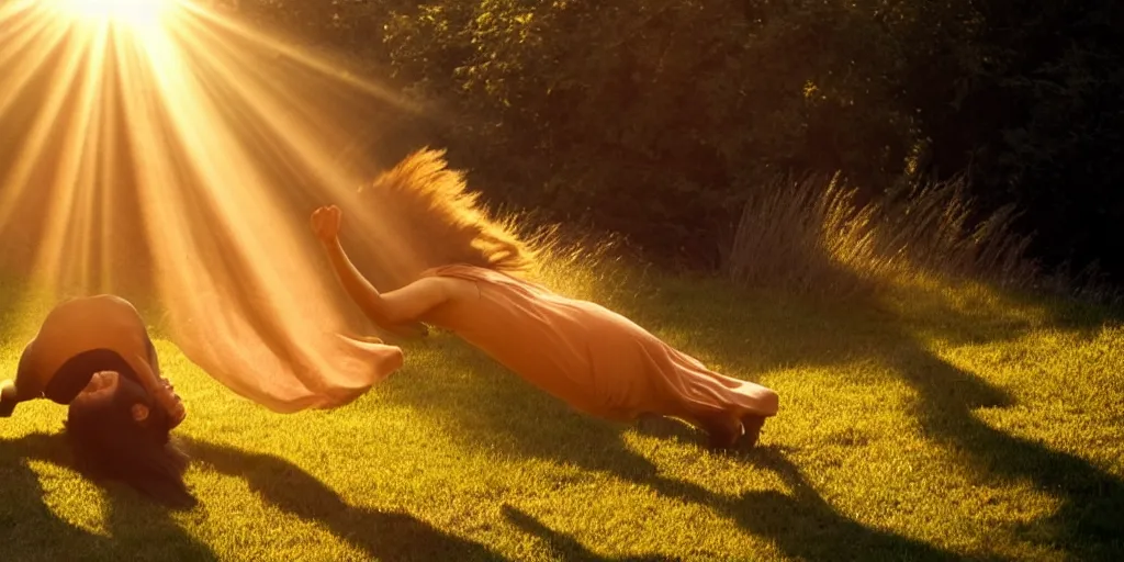 Prompt: a woman falls down a sunbeam