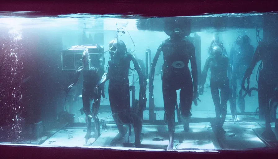 Prompt: Big budget horror movie, an underwater biolab run by cyborgs, deep in the ocean, dark and gloomy