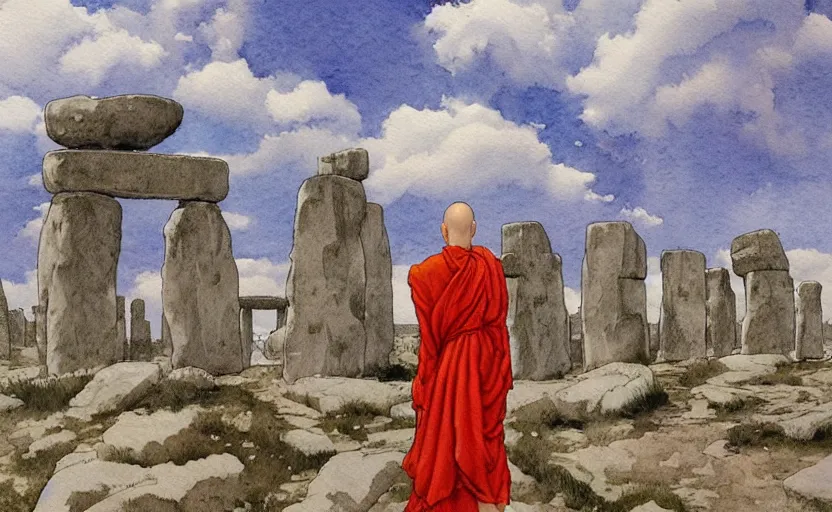 Image similar to a hyperrealist watercolor fantasy concept art of giant monk with a long forehead in grey robes sitting in stonehenge. in the background a ufo is in the sky. by rebecca guay, michael kaluta, charles vess