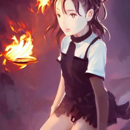 Image similar to Full body, splash art by WLOP, Ilya kuvshinov, Krenz Cushart, and Greg Rutkowski, trending on artstation. Realistic fantasy Native Indian young girl with dark skin and silky black hair, wearing a red-sleeved white t-shirt with jeans, she has fire powers, her hair is made out of astonishing fire flames, wide panorama of a Cinematic dramatic atmosphere of a mystic dense forest, full of foliage, sharp focus, soft volumetric studio lighting