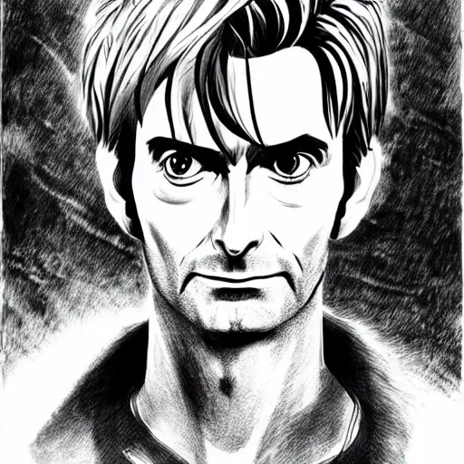 Prompt: David Tennant in BERSERK, concept art, illustration in pen an ink, black and white, by  Kentaro Miura