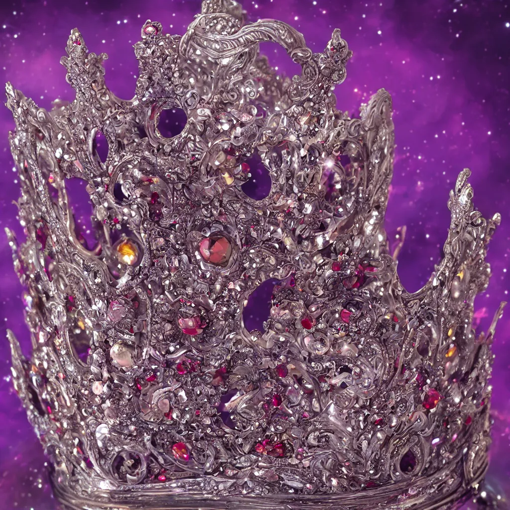 Prompt: a beautiful photorealistic queen's crown design made of platinum glowing in sparkles with heavenly notes neo rococo, diamond and ruby, highly detailed sailor moon aesthetic, fantasy, intricate, elegant, highly detailed, digital painting, artstation, concept art, matte, sharp focus, illustration, in the style of aetherpunk, 8 k
