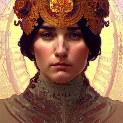 Prompt: a portrait of putin, upper half portrait, decorated with russian motifs, traditional russia, intricate, elegant, highly detailed, symmetry, headpiece, digital painting, artstation concept art smooth sharp focus, illustration, art by artgerm and greg rutkowski alphonse mucha 8 k