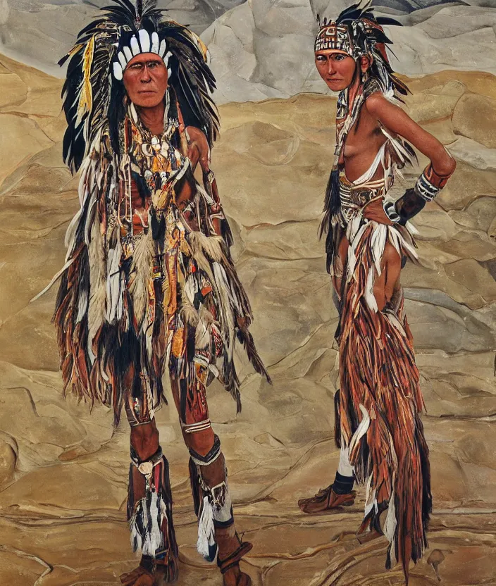 Prompt: full body shot picture of indigenous people young slim fit woman warrior in canyon, painted by lucian freud, intricate costume design, beautiful feathers, hd, super detailed, realistic