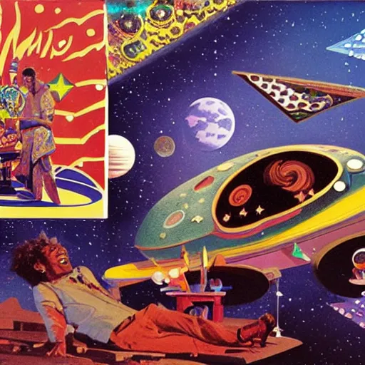Prompt: stars that play with laughing sam's dice, the milky way express, jimi hendrix, friendly neighborhood experience maker, stp, lsd, rocket ship to saturn, butterfly roller skates, mars candy bars, don't open that door! by syd mead and chesley bonestell