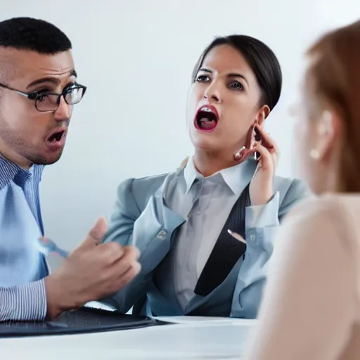 Prompt: a stock photo of shark-faced humans arguing in an office