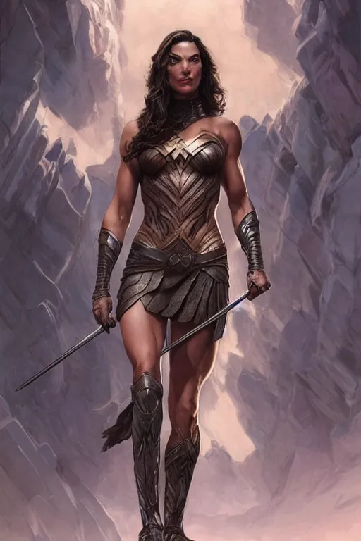 Image similar to muscled gal gadot as a ruggedly handsome heroine, intricate, elegant, highly detailed, centered, digital painting, artstation, concept art, smooth, sharp focus, illustration, art by artgerm and donato giancola and Joseph Christian Leyendecker, Ross Tran, WLOP