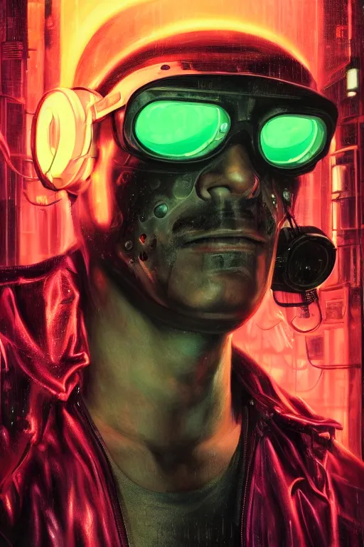 Image similar to detailed portrait of a cyberpunk male with face augmentations, strong neon lighting, raining, mysterious, mirror shades, by glenn fabry, hyper realistic, HD, oil on canvas