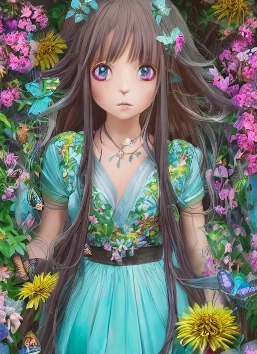 Prompt: portrait of beautiful girl with long turquoise hair, big cute eyes, and a blue dress, in a garden full of flowers and Butterflies, intricate jewelry, genshin impact, realistic anime, backlit, volumetric lighting, strong rim light, subsurface scattering, sharp focus, excellent composition, octane render, trending on artstation, 8k