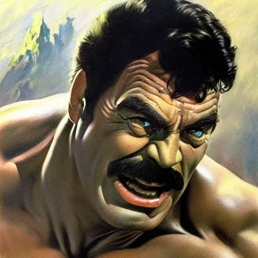 Prompt: ultra realistic portrait painting of tom selleck as hulk, art by frank frazetta, 4 k, ultra realistic, highly detailed, epic lighting