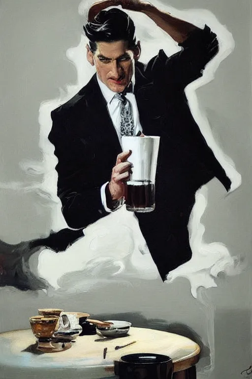 Image similar to dale cooper drinking coffee, coffee spilling, waves of black liquid, painting by jc leyendecker!! phil hale!, lynchian!!!! ominious, dark lighting, angular, brush strokes, painterly, vintage, crisp