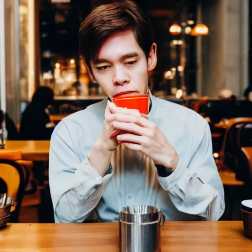 Prompt: an actual picture of byun baekhyun drinking tea in a cafe in downtown new york, photography, 5 0 mm, kodak, uhd 8 k, motion blur,