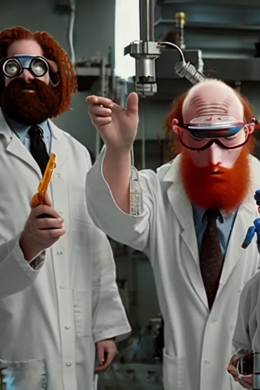 Image similar to a person with 3 eyes, person with a 3rd eye in the middle of their forehead, an awkwardly tall scientist with 3 eyes and a tangled beard and unruly red hair atop his balding head wearing a labcoat and welding goggles and holding a beaker, high resolution film still, movie by Ivan Reitman