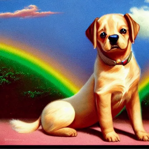 Image similar to a puppy sitting in front of a rainbow that extends to the clouds in heaven, digital art by Gil Elvgren