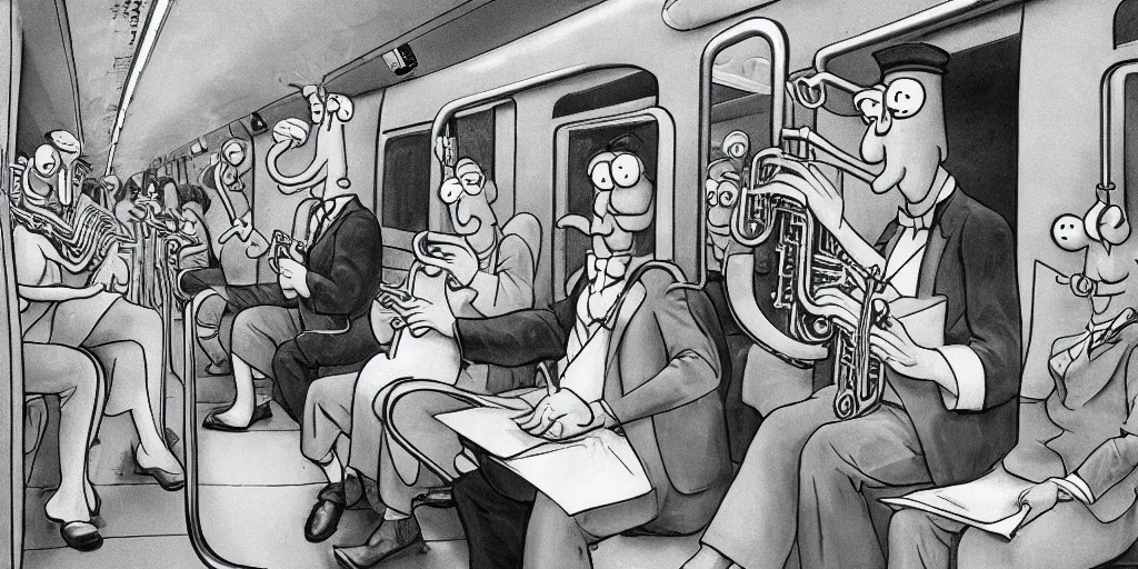 Image similar to squidward playing the clarinet on the new york subway, surrealism aesthetic, detailed facial expressions