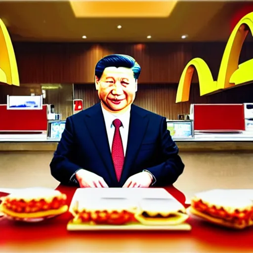 Image similar to chairman xi jingpeng working at mcdonald ’ s, 4 k, hyper realistic, dslr, high resolution, landscape, beautiful