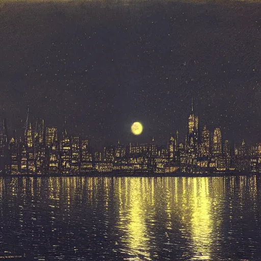 Prompt: the city of new york at night, moonlight, dark and gloomy, john atkinson grimshaw, concept art, very detailed