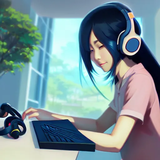 Image similar to beautiful young asian woman with long hair, with gaming headset, cute, playing on a comuter, realistic, detailed, cel shaded, in the style of makoto shinkai and greg rutkowski and james gurney