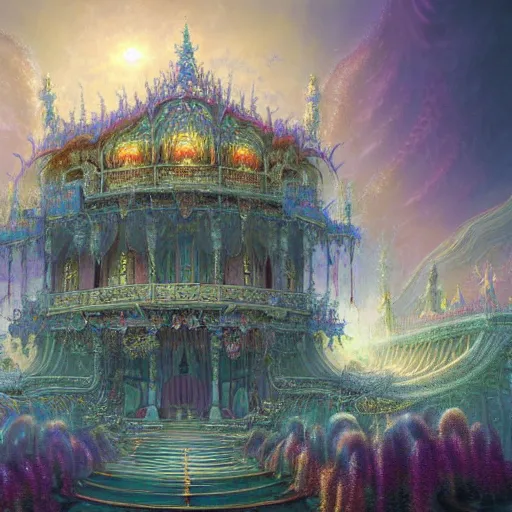 Prompt: palace opalescent panoramic cryengine render weird airbush rich ornate by lisa frank, john howe, benoit mandelbrot, fenghua zhong, rob gonsalves, tomasz alen kopera, paul lehr, thomas kinkade