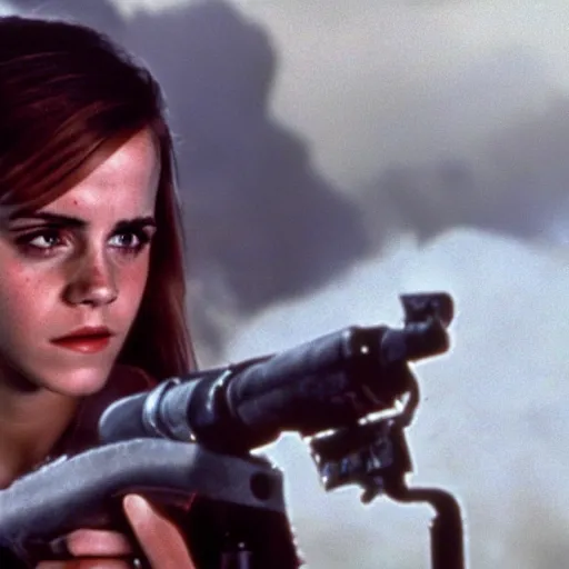 Image similar to film still of Emma Watson holding a flamethrower in Alien 1979, 4k