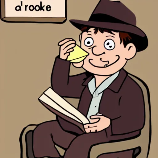 Image similar to indiana jones eating an ice cream, reading a book, cartoon style