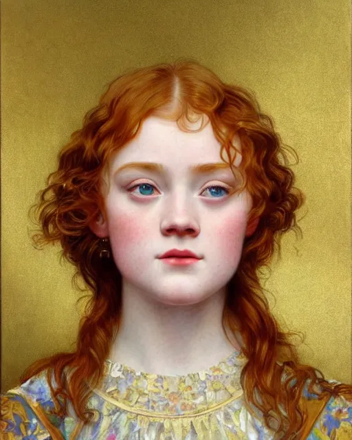 Prompt: realistic oil painting of sadie sink or redheaded saoirse ronan wearing a reflective gold club dress, highly detailed, intricate, elegant, digital painting, smooth, sharp focus, illustration, ultra realistic, 8 k, by bouguereau, alphonse mucha, artgerm, and donato giancola