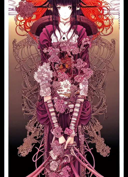 Image similar to highly detailed illustration yoneyama mai artstation katsuhiro otomo fluorescent fantastic fate manga poster of princess mechine, minaba hideo, takato yamamoto, long hair, art nouveau, armor, laces, ruffles, 8 k, maximalist,