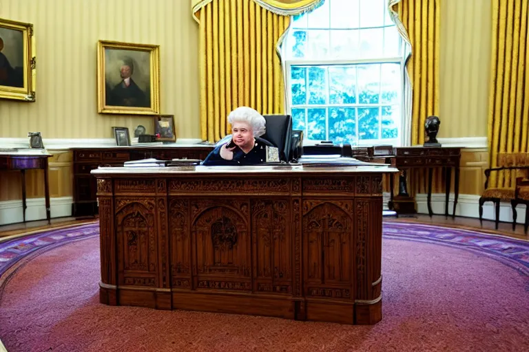 Prompt: Queen Elizabeth II sitting behind the Resolute Desk in the White House Oval Office, 4k, award winning photo