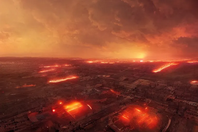 Prompt: meteors fall from the red sky down to a war - torn football stadium, crowds panic, cinematic lighting by jessica rossier, realistic, highly - detailed, 8 k, photorealistic, hyper detailed, unreal engine 5, imax quality, cinematic, epic lighting, football live, live sports