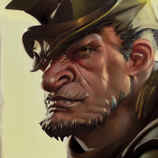 Image similar to greg manchess close - up portrait painting of a handsome older male dieselpunk orc with olive green skin as an overwatch character, medium shot, asymmetrical, profile picture, organic painting, sunny day, matte painting, bold shapes, hard edges, street art, trending on artstation, by huang guangjian and gil elvgren and sachin teng