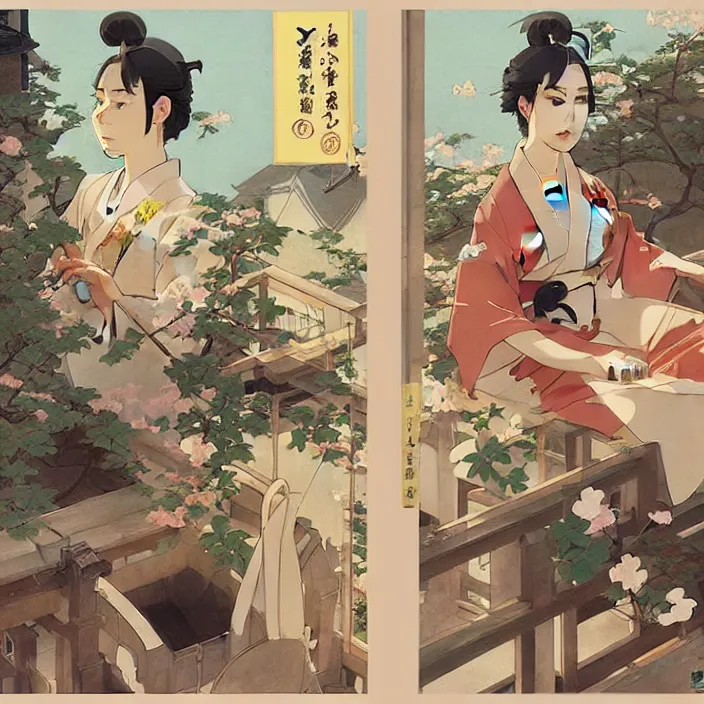 Image similar to japanese city, spring, in the style of studio ghibli, j. c. leyendecker, greg rutkowski, artem