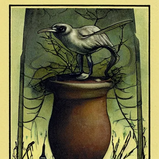Prompt: 1 9 2 0's bipedal deflective rivulet blob petrel chili luggage vase, by monsu desiderio and anton pieck and wojciech siudmak, trending on deviantart, ambient occlusion, tarot card