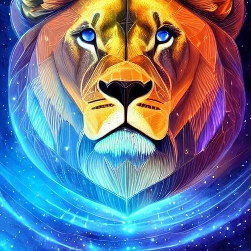 Image similar to geometric symmetrical lion with galaxy eyes in space, nebula in the background, intricate, elegant, highly detailed, digital painting, artstation, concept art, smooth, sharp focus, illustration, art by artgerm