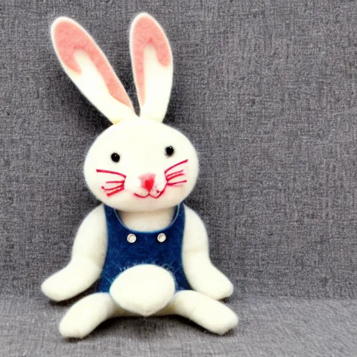 Image similar to a cute elegant felt plush doll of a rabbit wearing overalls