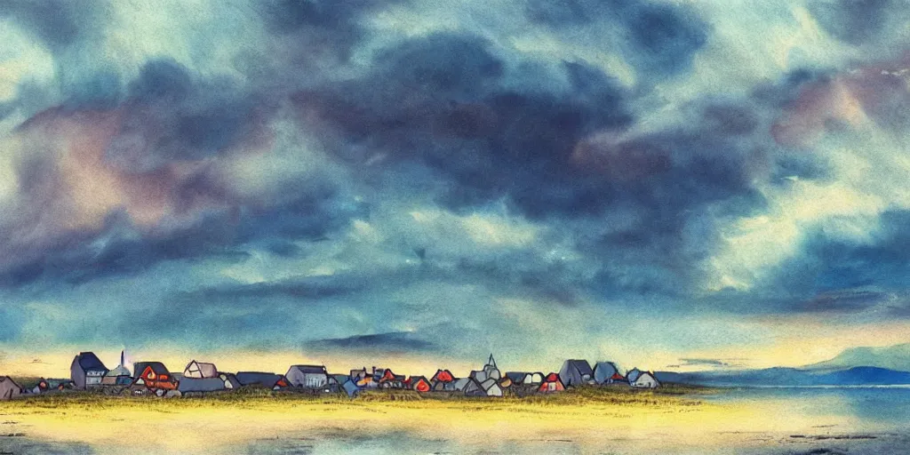 Image similar to a beautiful painting of a icelandic fishing village, storm clouds gathering over the town, by studio ghibli 8 k pastel colours, smeared watercolours, golden light film grain