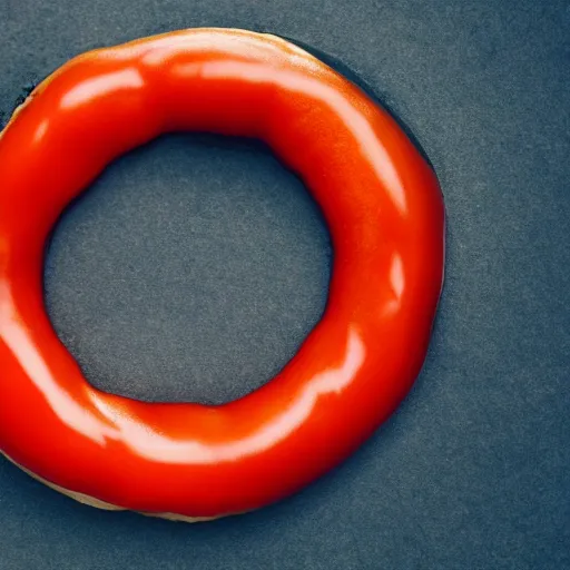 Image similar to Perfectly circular donut!!!!! in the style and shape of a tomato!!!!!!, blended colors!!!!!, trending on artstation, 4k, 8k, professional photography, overhead shot, 35mm lens