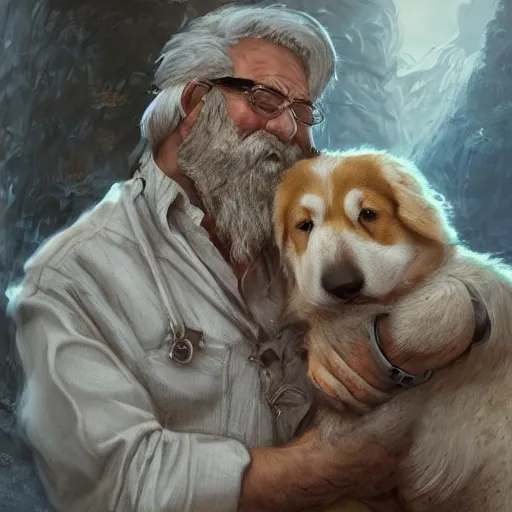 Image similar to portrait of a old, ruggedly handsome bearded man cuddling a corgi dog, soft hair, muscular, half body, cloth, d & d, fantasy, intricate, elegant, highly detailed, digital painting, artstation, concept art, smooth, sharp focus, illustration, art by artgerm and greg rutkowski and alphonse mucha